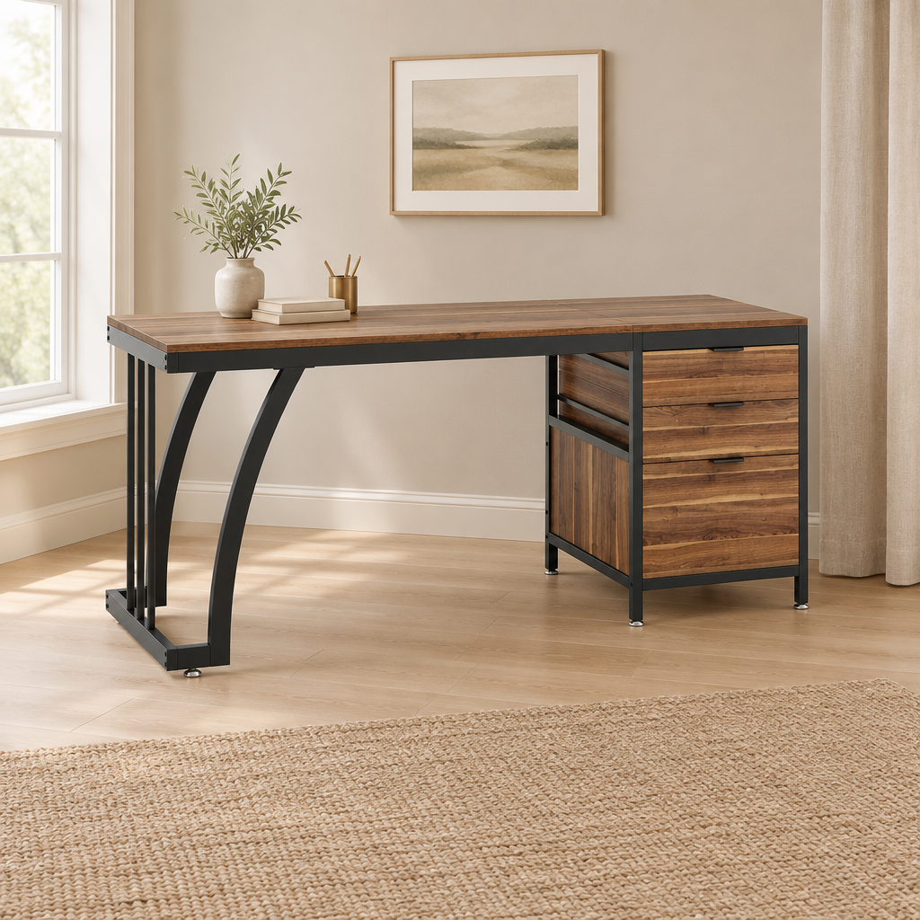 Industrial Computer Desk, Metal Frame – Brown/Black — office wide