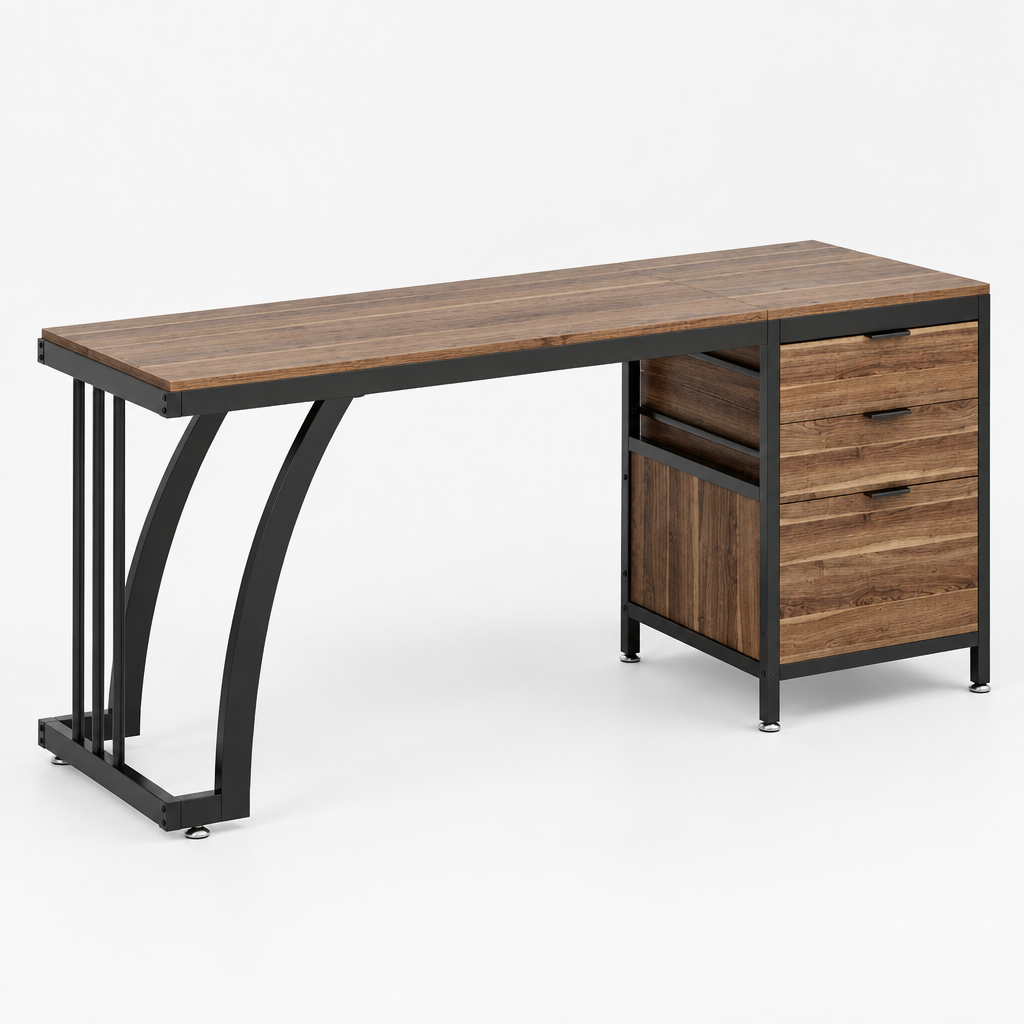 Industrial Computer Desk, Metal Frame – Brown/Black — studio three-quarter