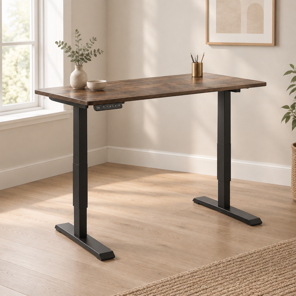 Electric Standing Desk, Height-Adjustable – Brown — office three-quarter left