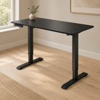 Electric Standing Desk, Height-Adjustable – Black — styled home office, three-quarter left view