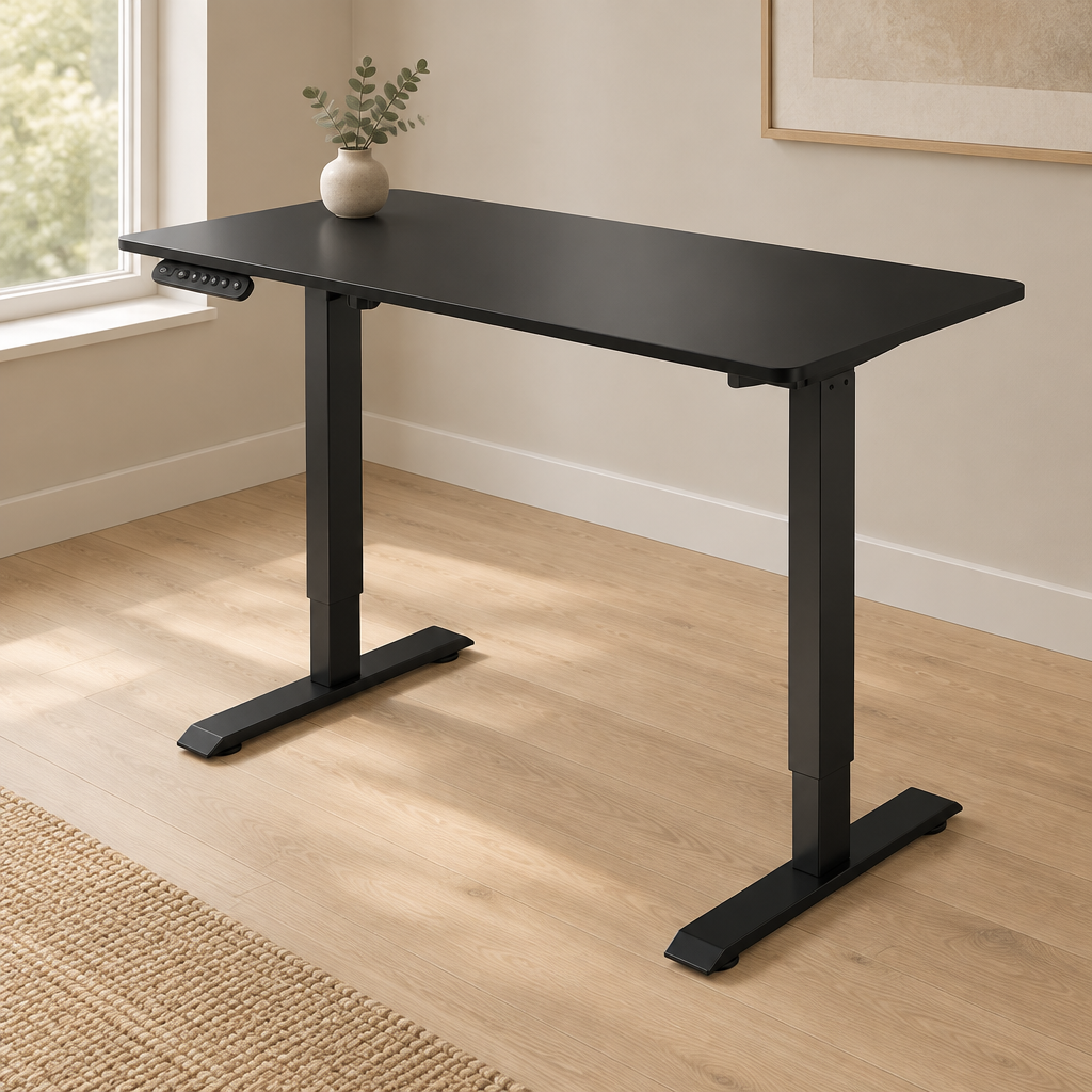 Electric Standing Desk, Height-Adjustable – Black — styled home office, three-quarter left view