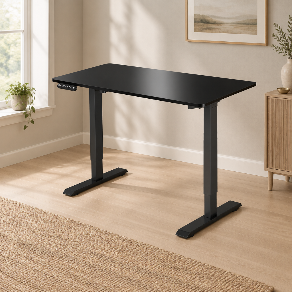 Electric Standing Desk, Height-Adjustable – Black — wider home office scene