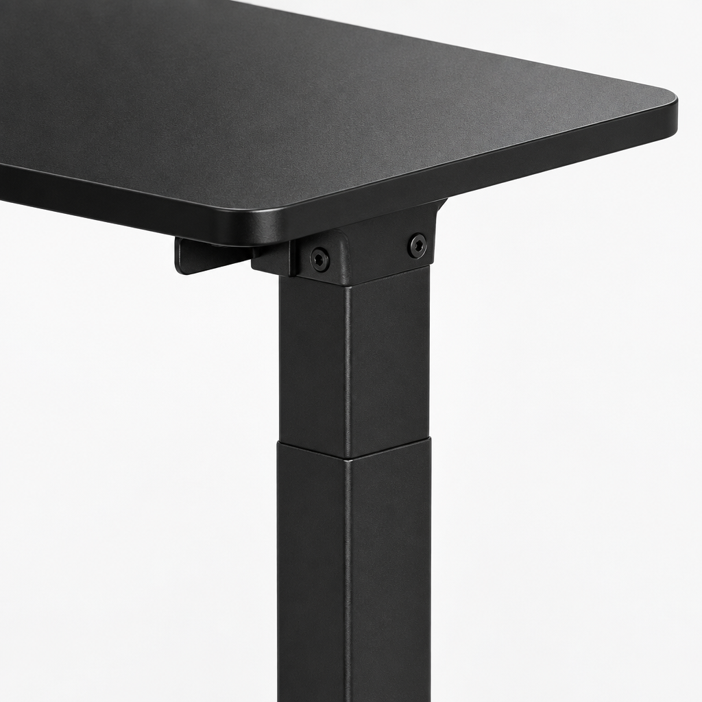 Electric Standing Desk, Height-Adjustable – Black — close-up detail of frame and desktop edge