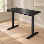 Electric Standing Desk, Height-Adjustable – Black — styled home office, three-quarter right view