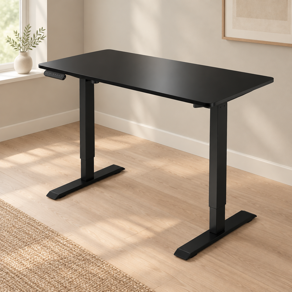 Electric Standing Desk, Height-Adjustable – Black — styled home office, three-quarter right view
