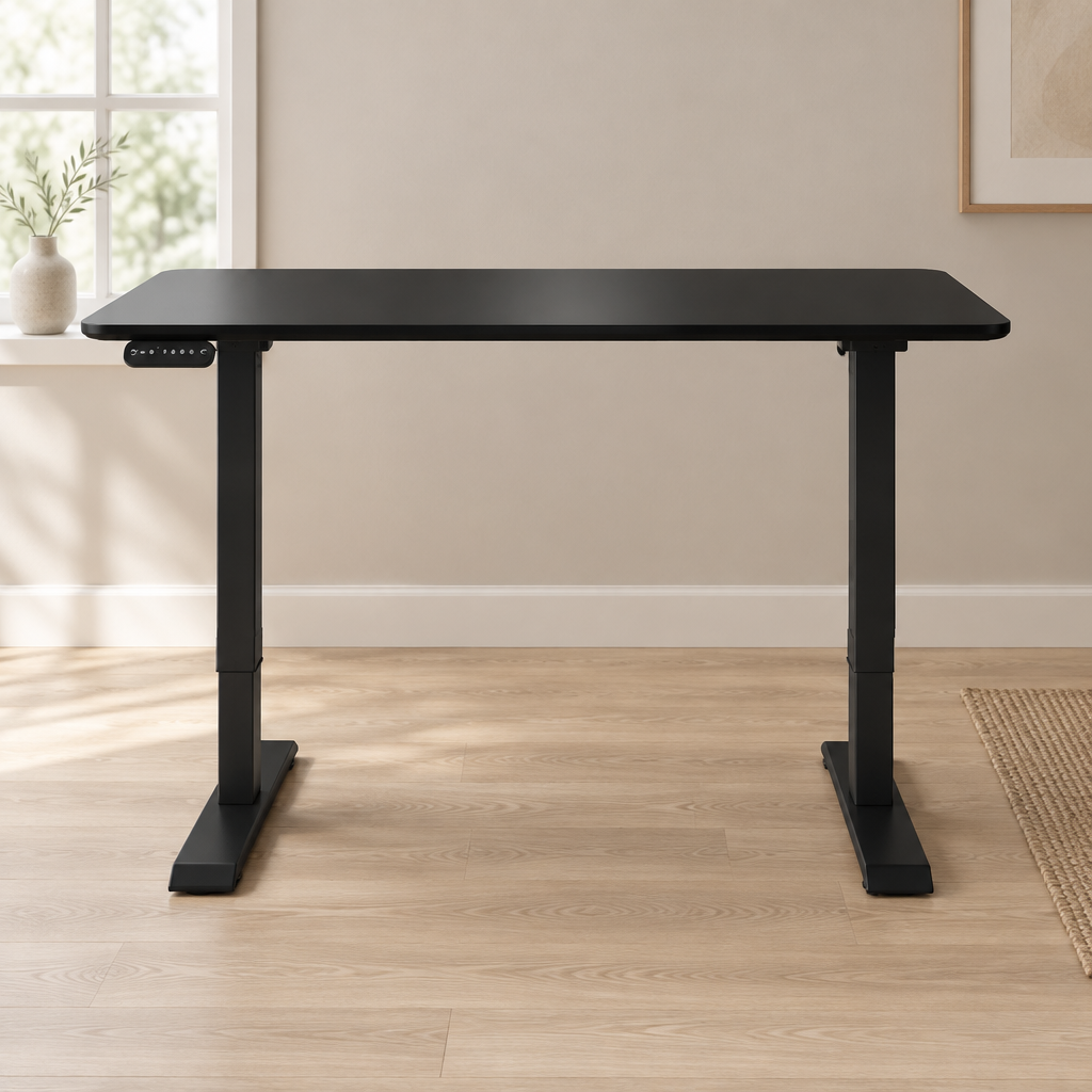 Electric Standing Desk, Height-Adjustable – Black — styled home office, front view