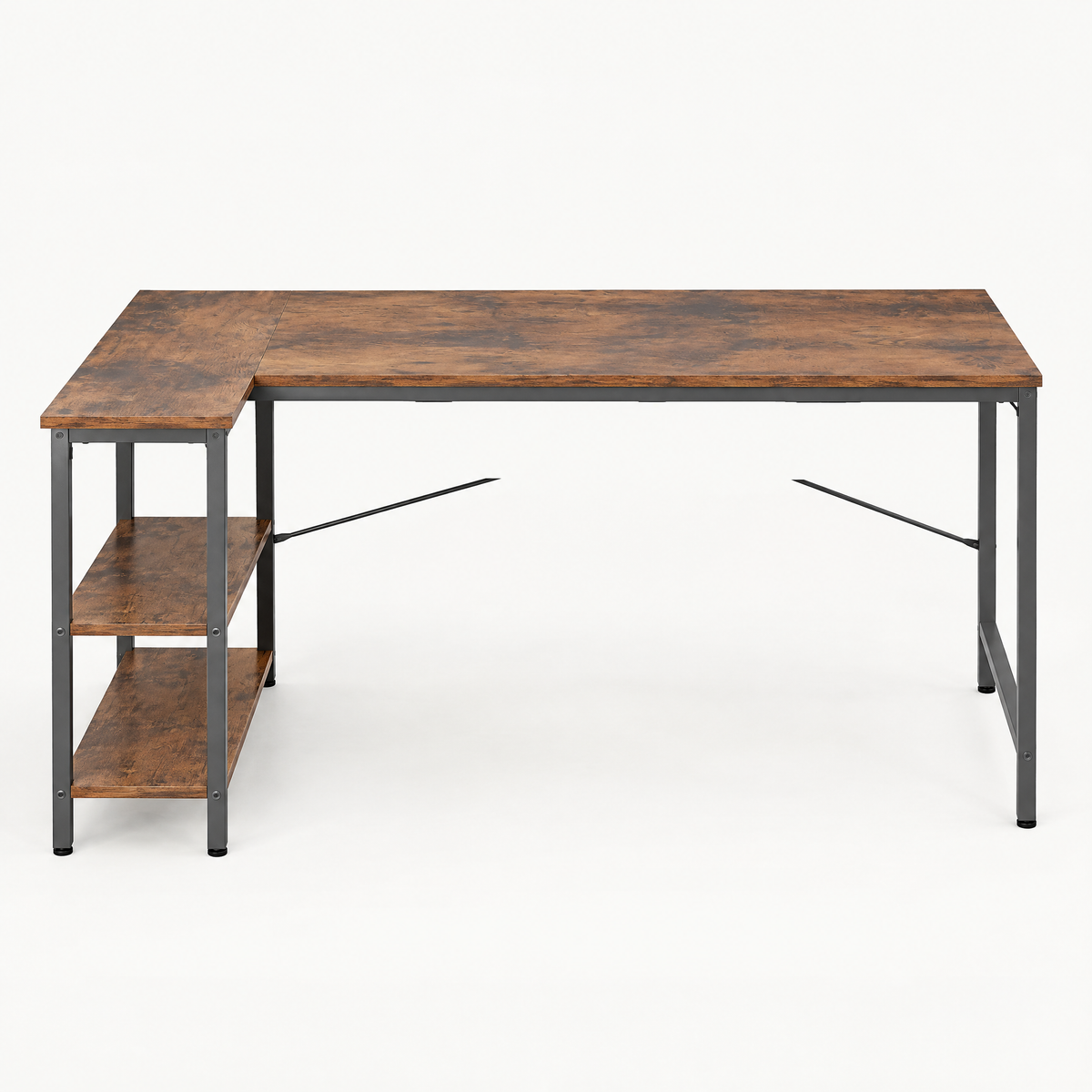 L-Shaped Computer Desk with Reversible Shelves — studio product photo, front view