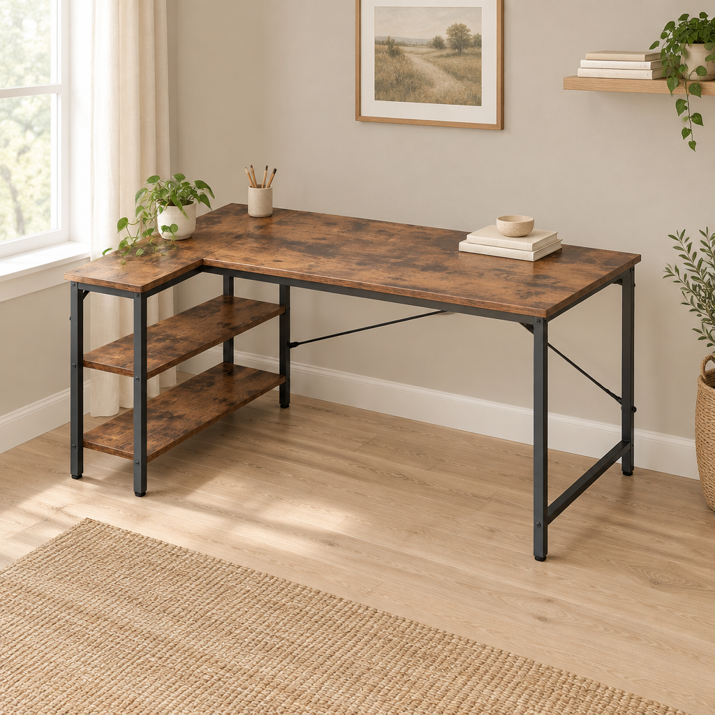 L-Shaped Computer Desk with Reversible Shelves — wider home office scene