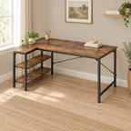 L-Shaped Computer Desk with Reversible Shelves — wider home office scene