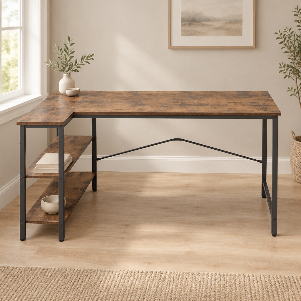 L-Shaped Computer Desk with Reversible Shelves — styled home office, front view