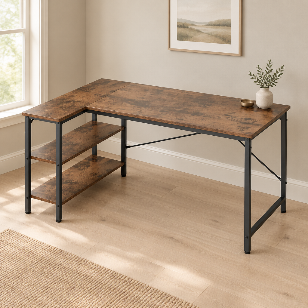 L-Shaped Computer Desk with Reversible Shelves — styled home office, three-quarter left view