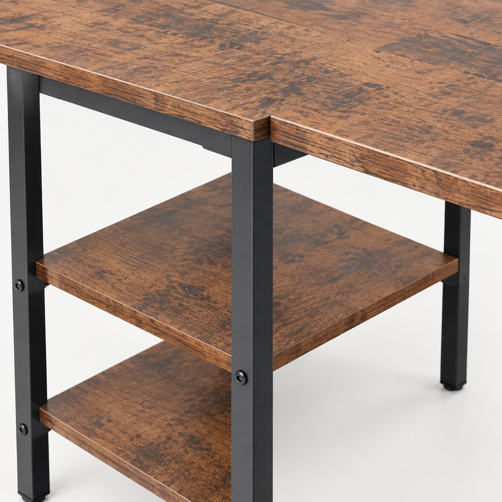 L-Shaped Computer Desk with Reversible Shelves — close-up detail of frame, shelf and desktop edge