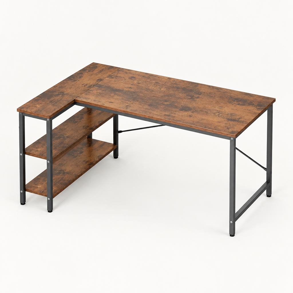 L-Shaped Computer Desk with Reversible Shelves — studio product photo, three-quarter view