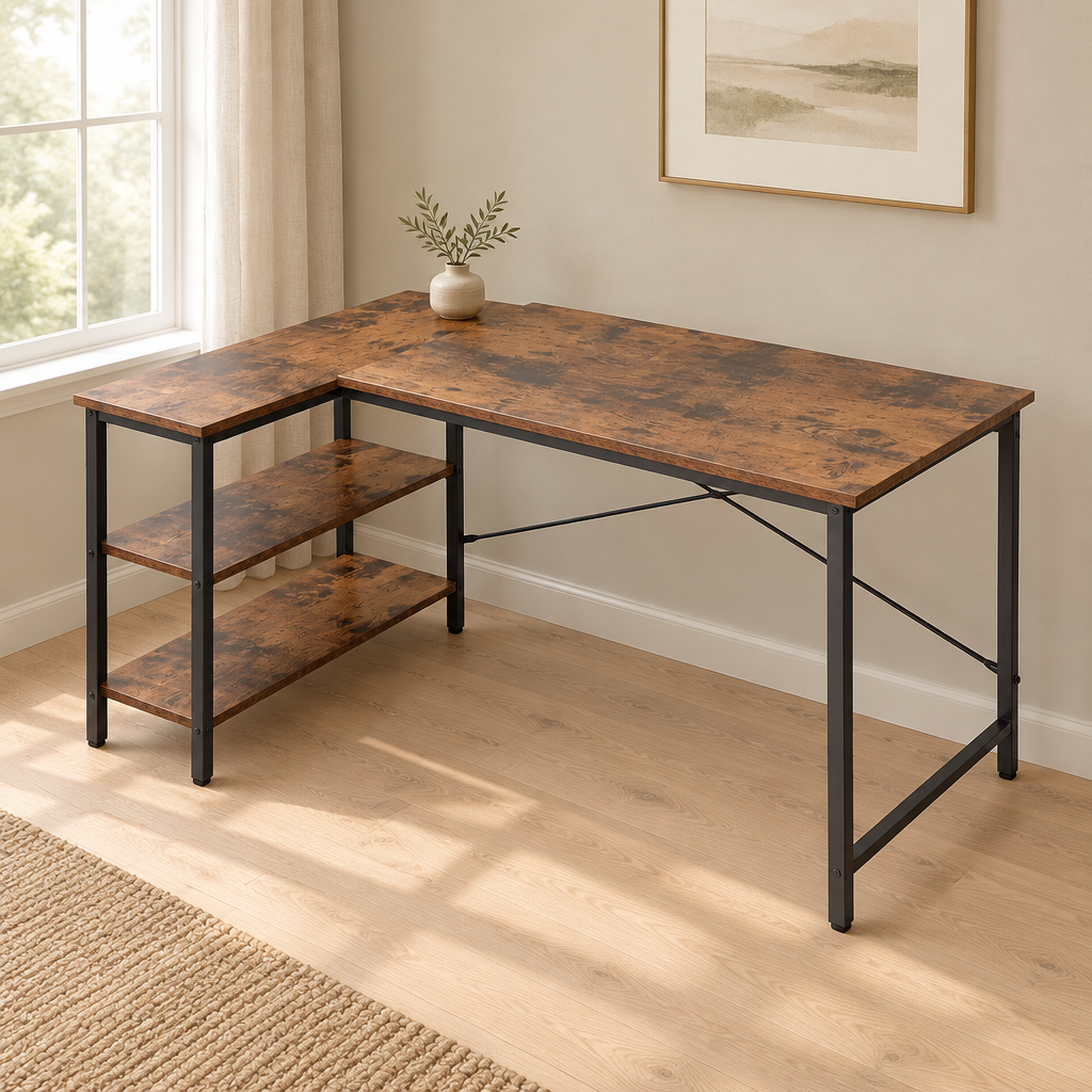 L-Shaped Computer Desk with Reversible Shelves — styled home office, three-quarter right view