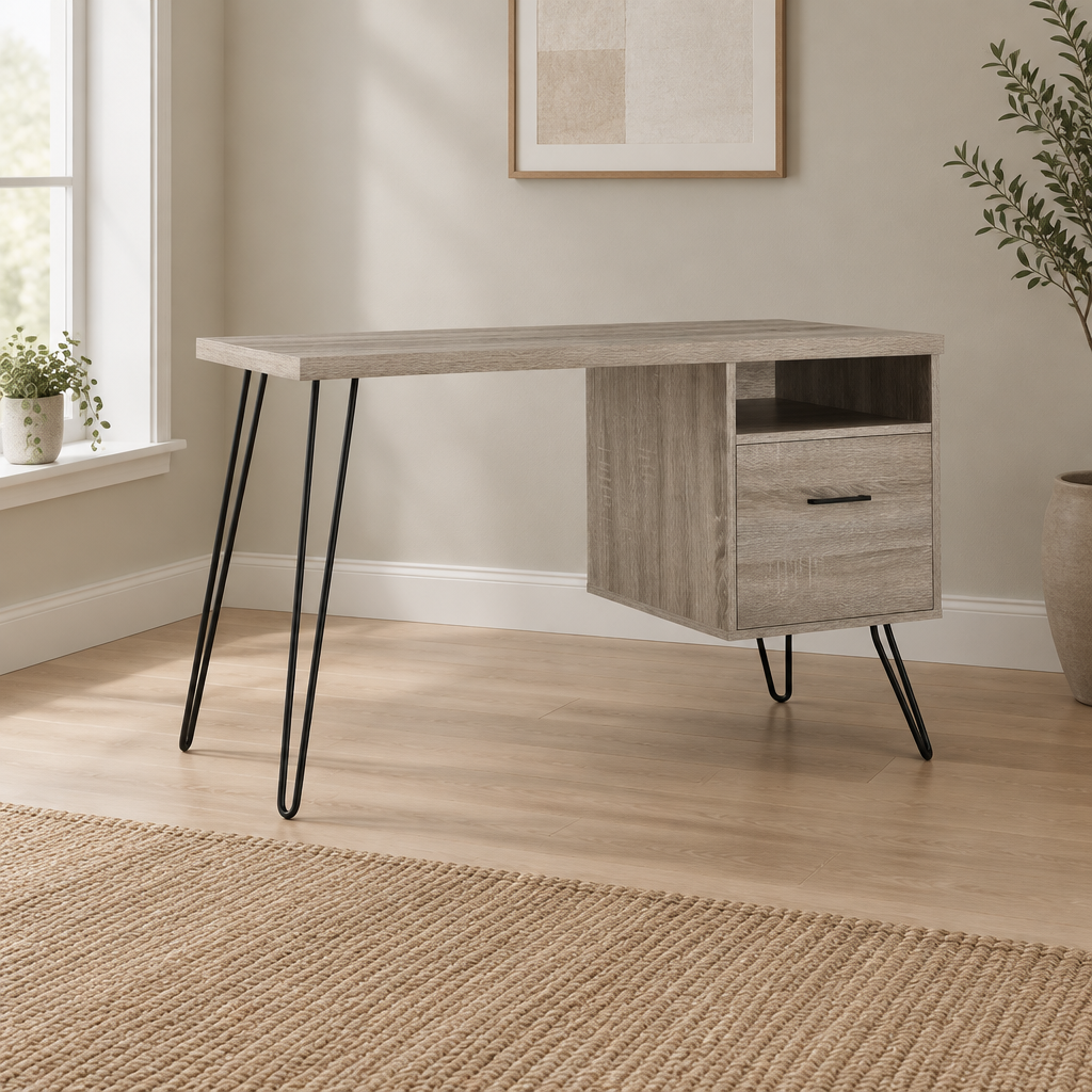 Computer Desk with Drawer & Open Cubby – Brown — wider home office scene