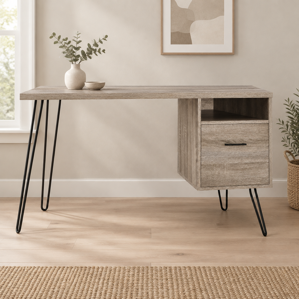 Computer Desk with Drawer & Open Cubby – Brown — styled home office, front view