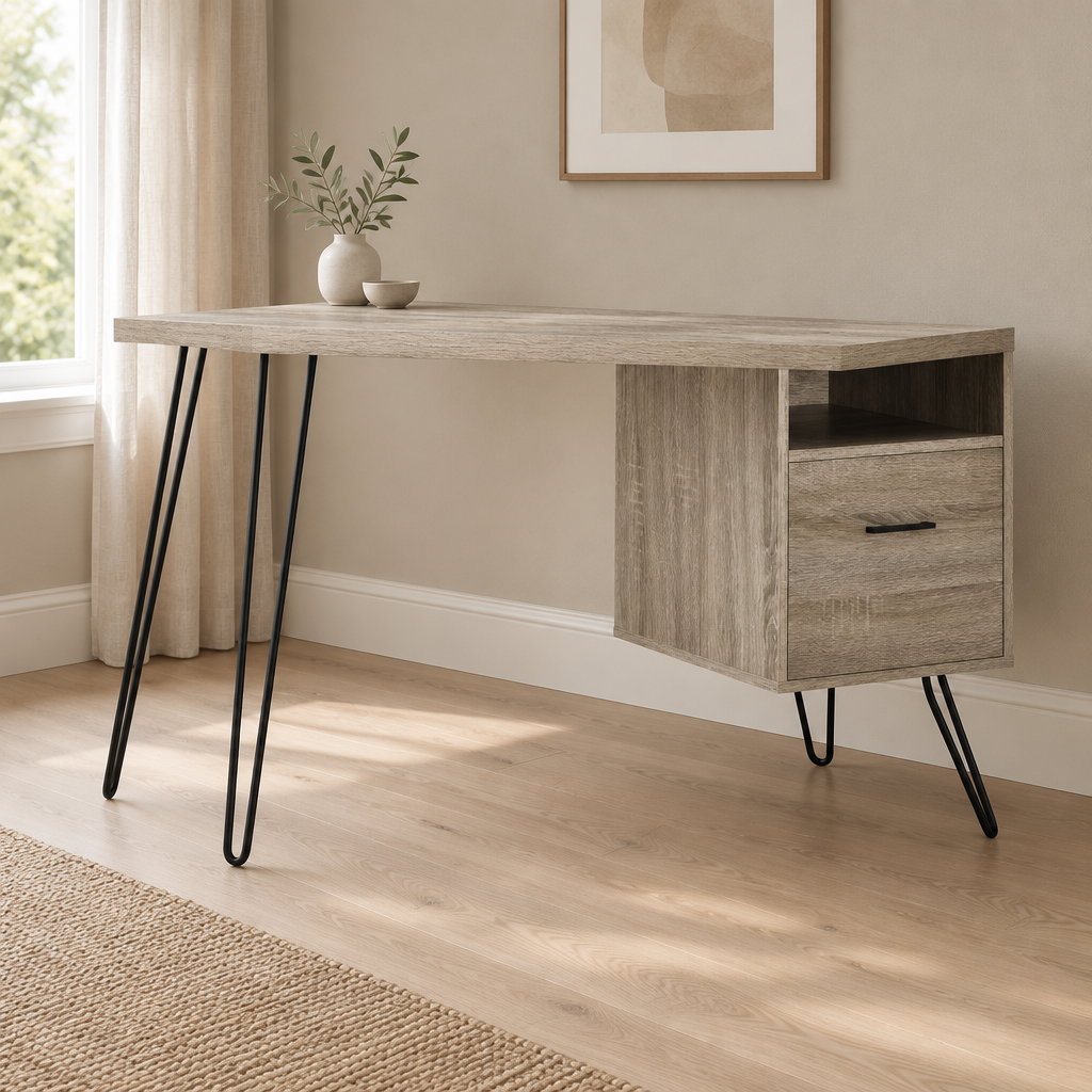 Computer Desk with Drawer & Open Cubby – Brown — styled home office, three-quarter left view