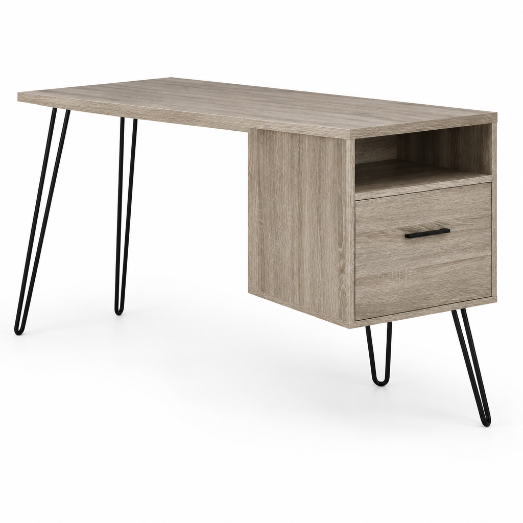 Computer Desk with Drawer & Open Cubby – Brown — studio product photo, side profile