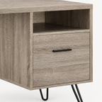 Computer Desk with Drawer & Open Cubby – Brown — close-up detail of drawer front and cubby