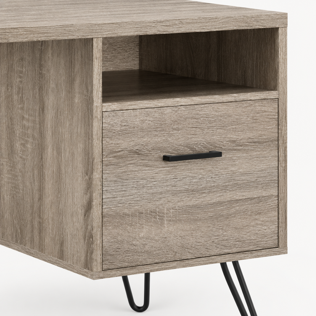 Computer Desk with Drawer & Open Cubby – Brown — close-up detail of drawer front and cubby