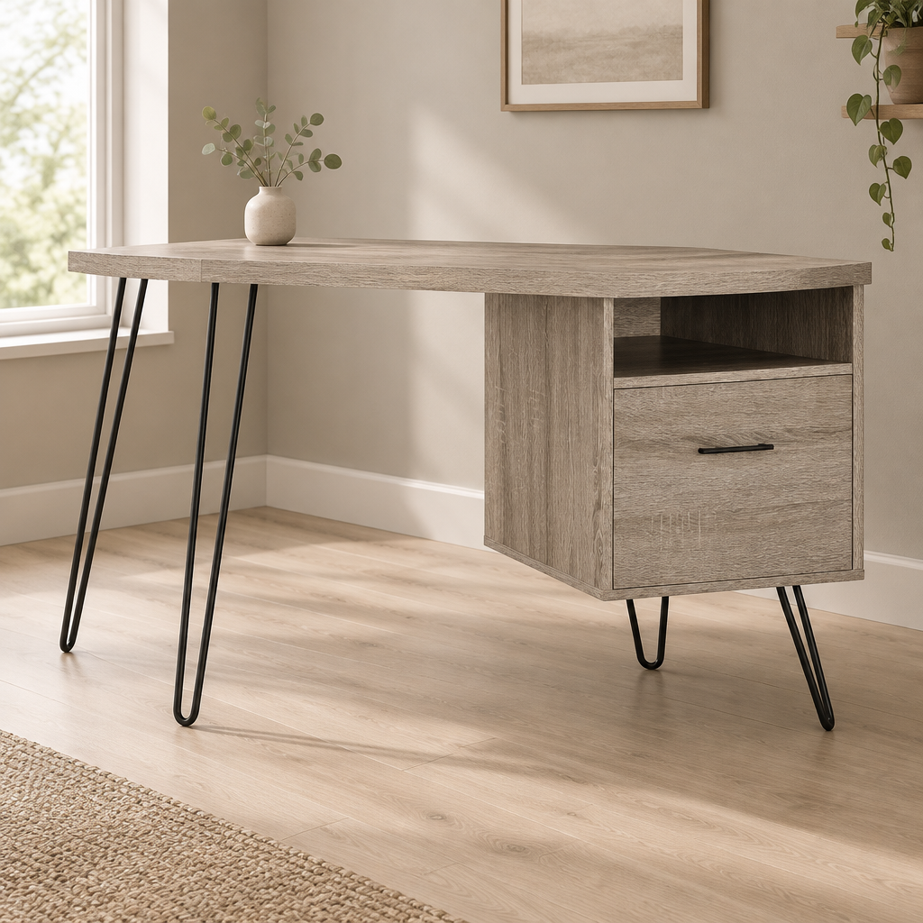 Computer Desk with Drawer & Open Cubby – Brown — styled home office, three-quarter right view