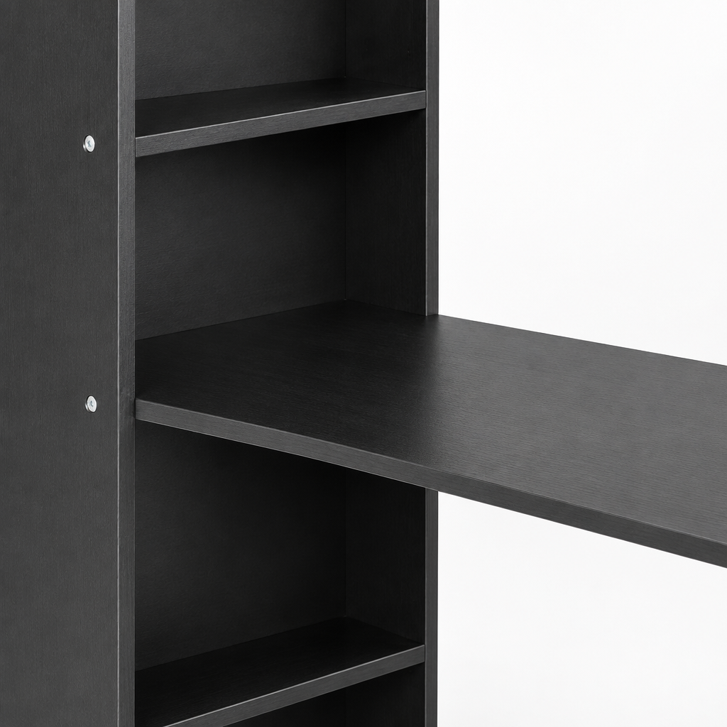 Computer Desk with Storage Shelves & Hutch – Black — close-up detail of desktop and shelf tower