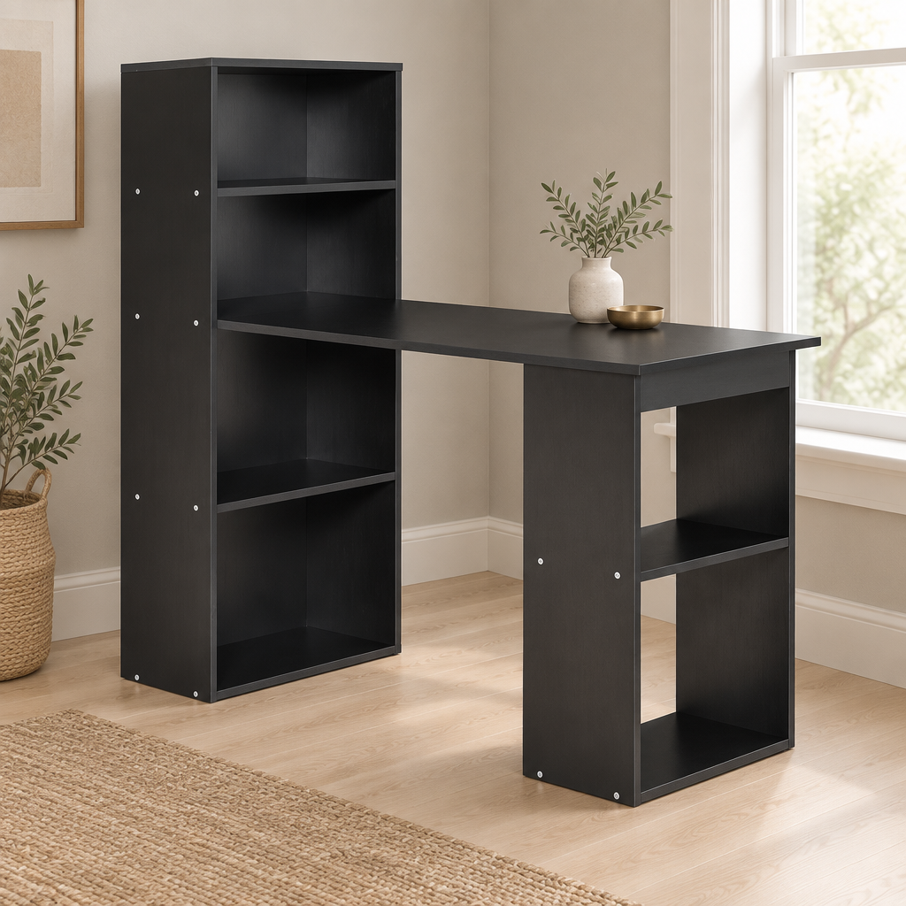 Computer Desk with Storage Shelves & Hutch – Black — styled home office, three-quarter left view