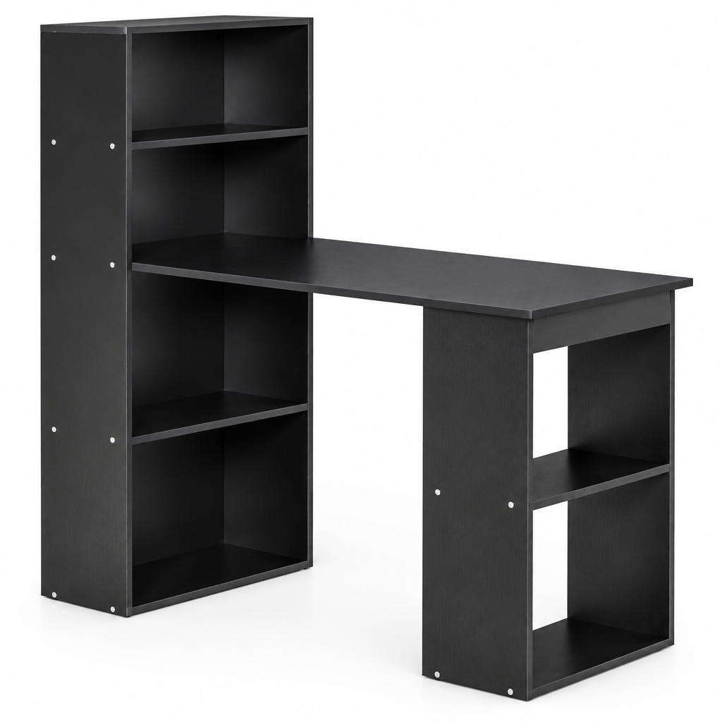 Computer Desk with Storage Shelves & Hutch – Black — studio product photo, side profile