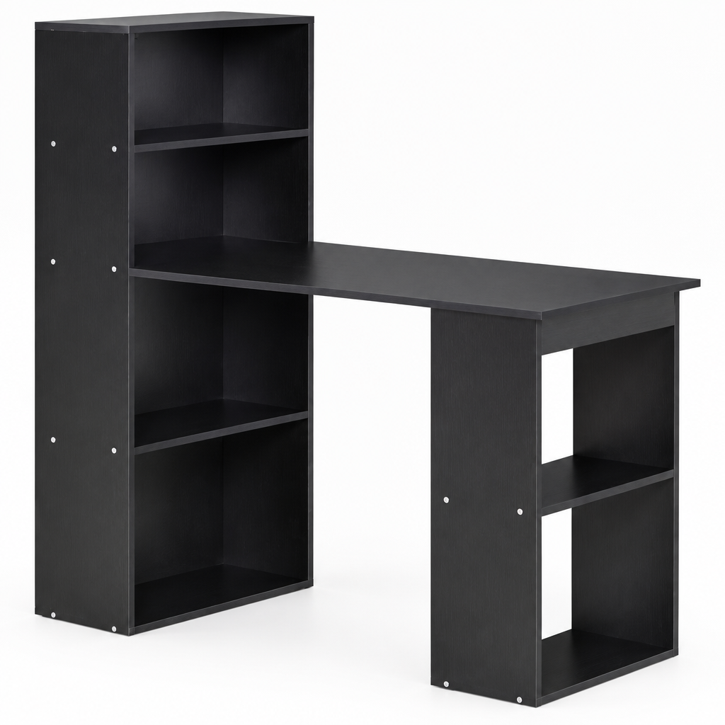 Computer Desk with Storage Shelves & Hutch – Black — studio product photo, three-quarter view