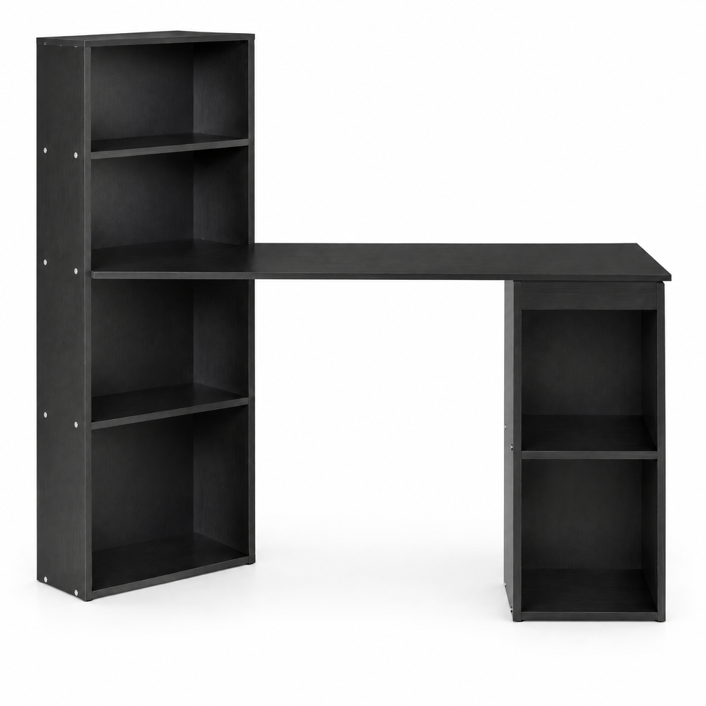 Computer Desk with Storage Shelves & Hutch – Black — studio product photo, front view