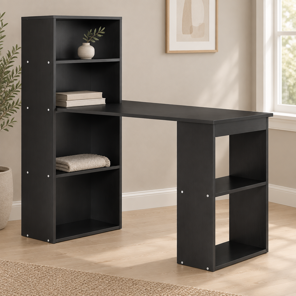 Computer Desk with Storage Shelves & Hutch – Black — styled home office, front view