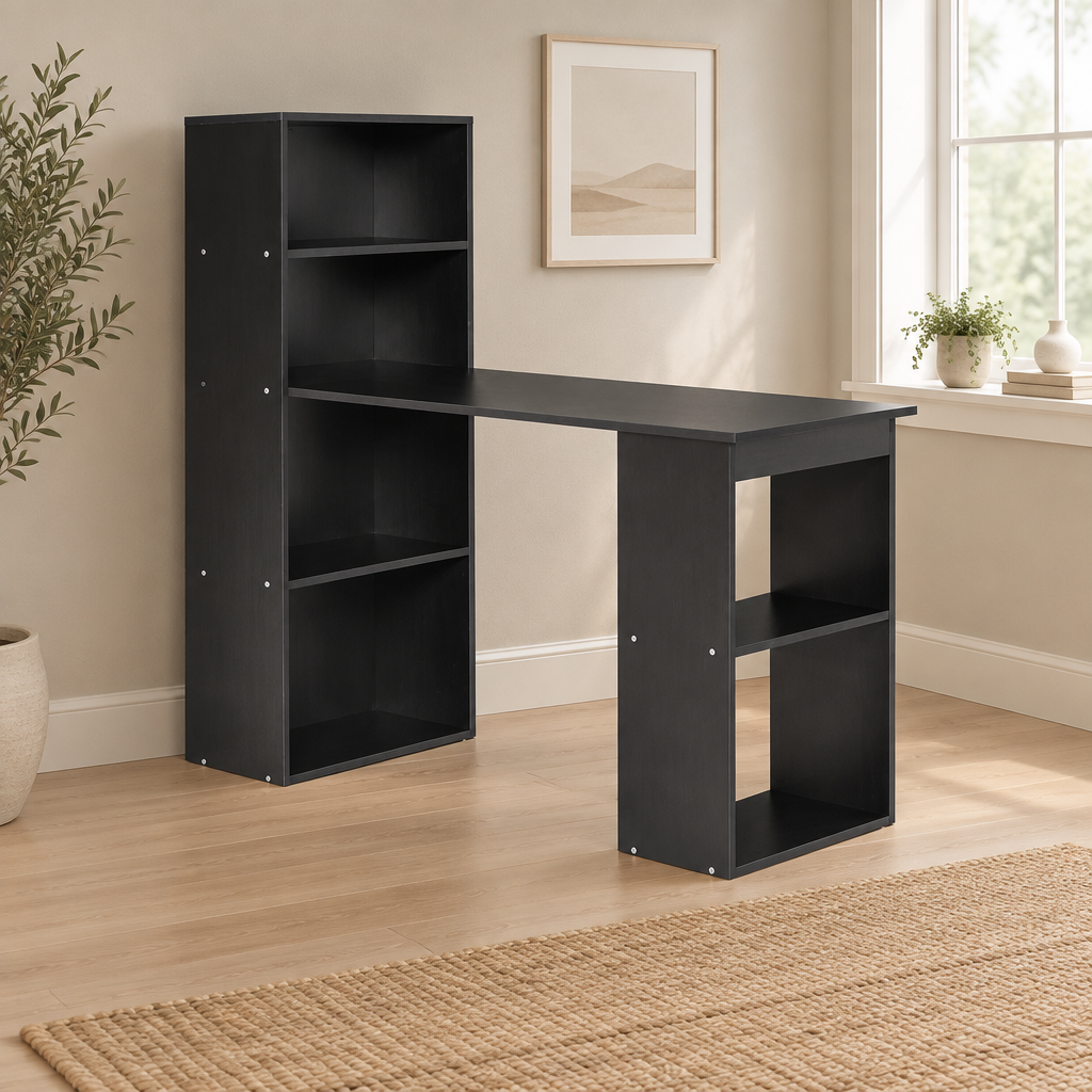Computer Desk with Storage Shelves & Hutch – Black — wider home office scene