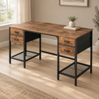 4-Drawer Computer Desk with Mesh Shelves – Brown — styled home office, three-quarter right view