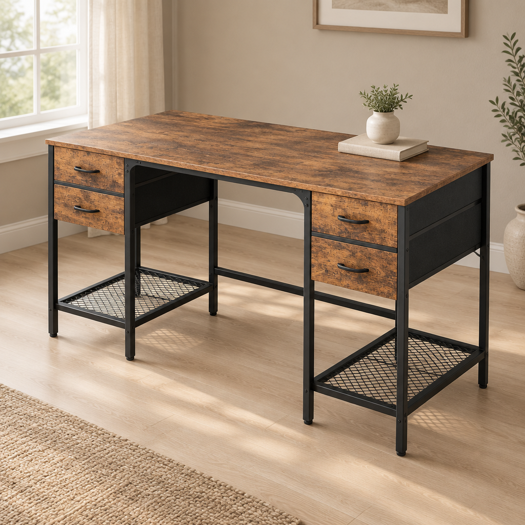4-Drawer Computer Desk with Mesh Shelves – Brown — styled home office, three-quarter right view