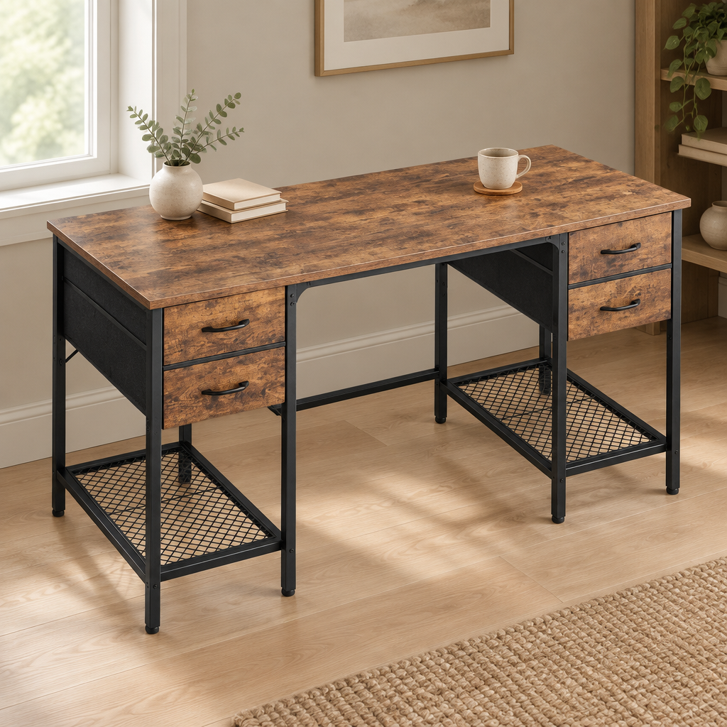 4-Drawer Computer Desk with Mesh Shelves – Brown — styled home office, three-quarter left view