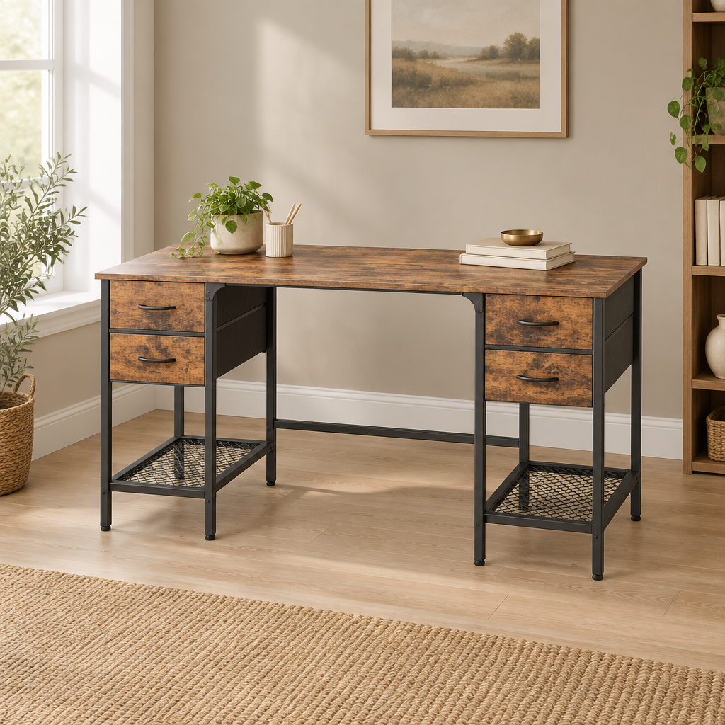 4-Drawer Computer Desk with Mesh Shelves – Brown — wider home office scene