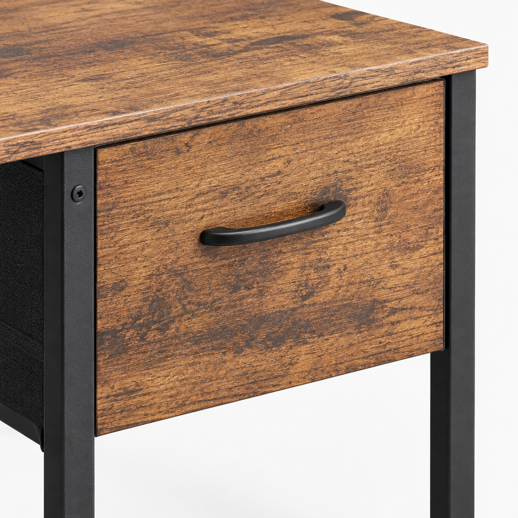 4-Drawer Computer Desk with Mesh Shelves – Brown — close-up detail of drawer front and pull