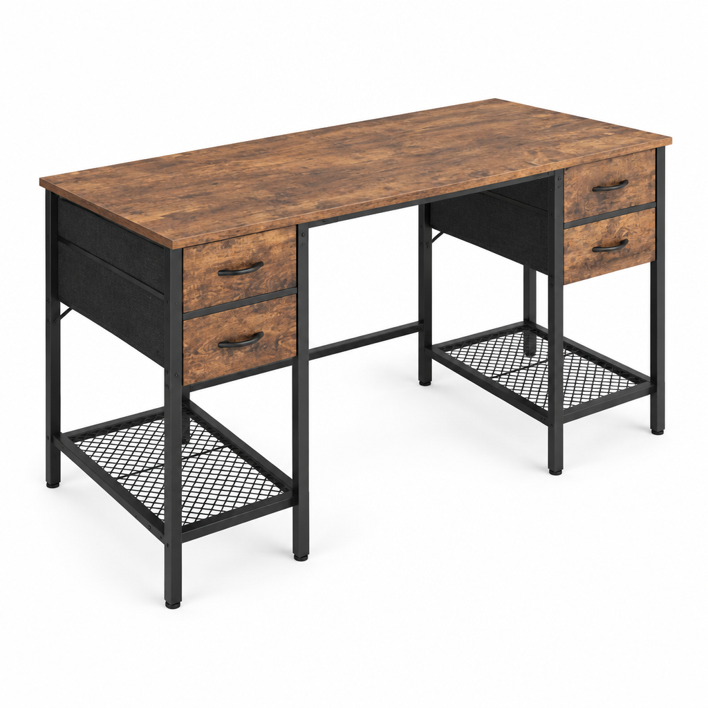 4-Drawer Computer Desk with Mesh Shelves – Brown — studio product photo, side profile