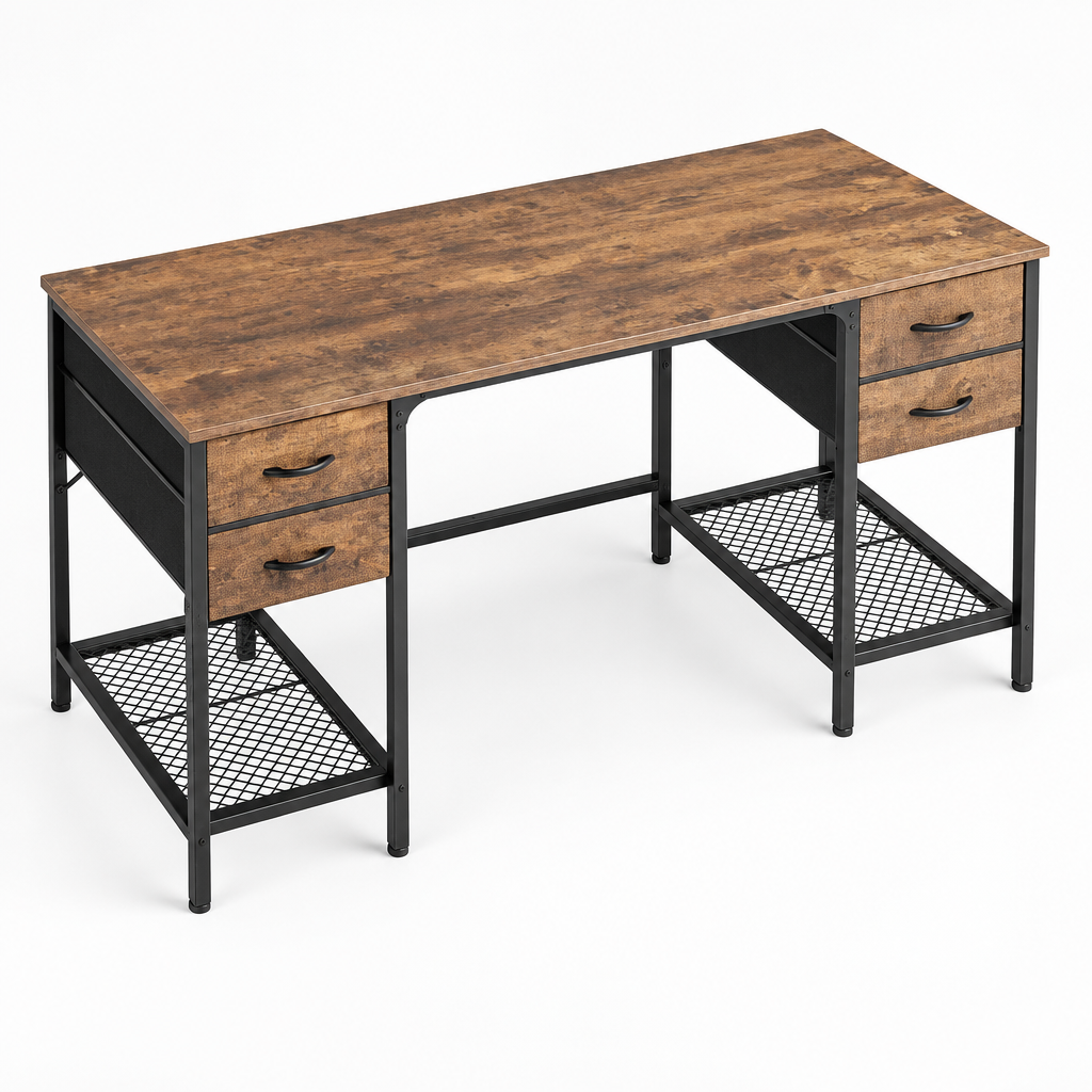 4-Drawer Computer Desk with Mesh Shelves – Brown — studio product photo, three-quarter view