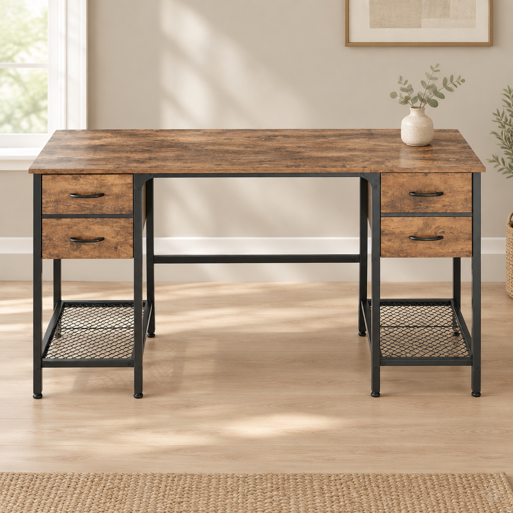 4-Drawer Computer Desk with Mesh Shelves – Brown — styled home office, front view