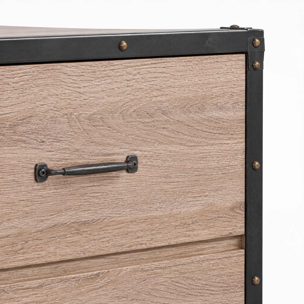 5-Drawer Chest with Caster Wheels – Weathered Light Oak — close-up detail of drawer pull and metal banding