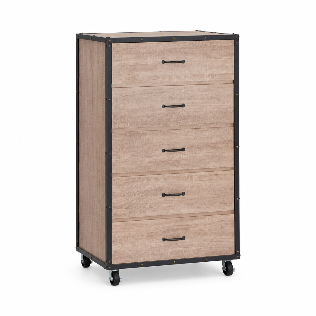 5-Drawer Chest with Caster Wheels – Weathered Light Oak — studio product photo, three-quarter view