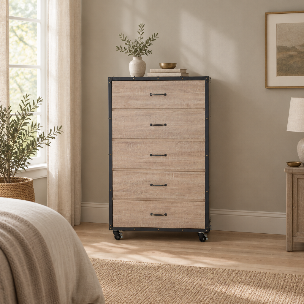 5-Drawer Chest with Caster Wheels – Weathered Light Oak — wider bedroom scene