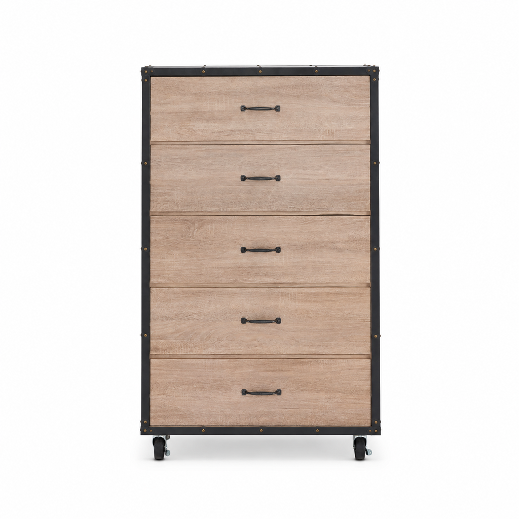 5-Drawer Chest with Caster Wheels – Weathered Light Oak — studio product photo, front view