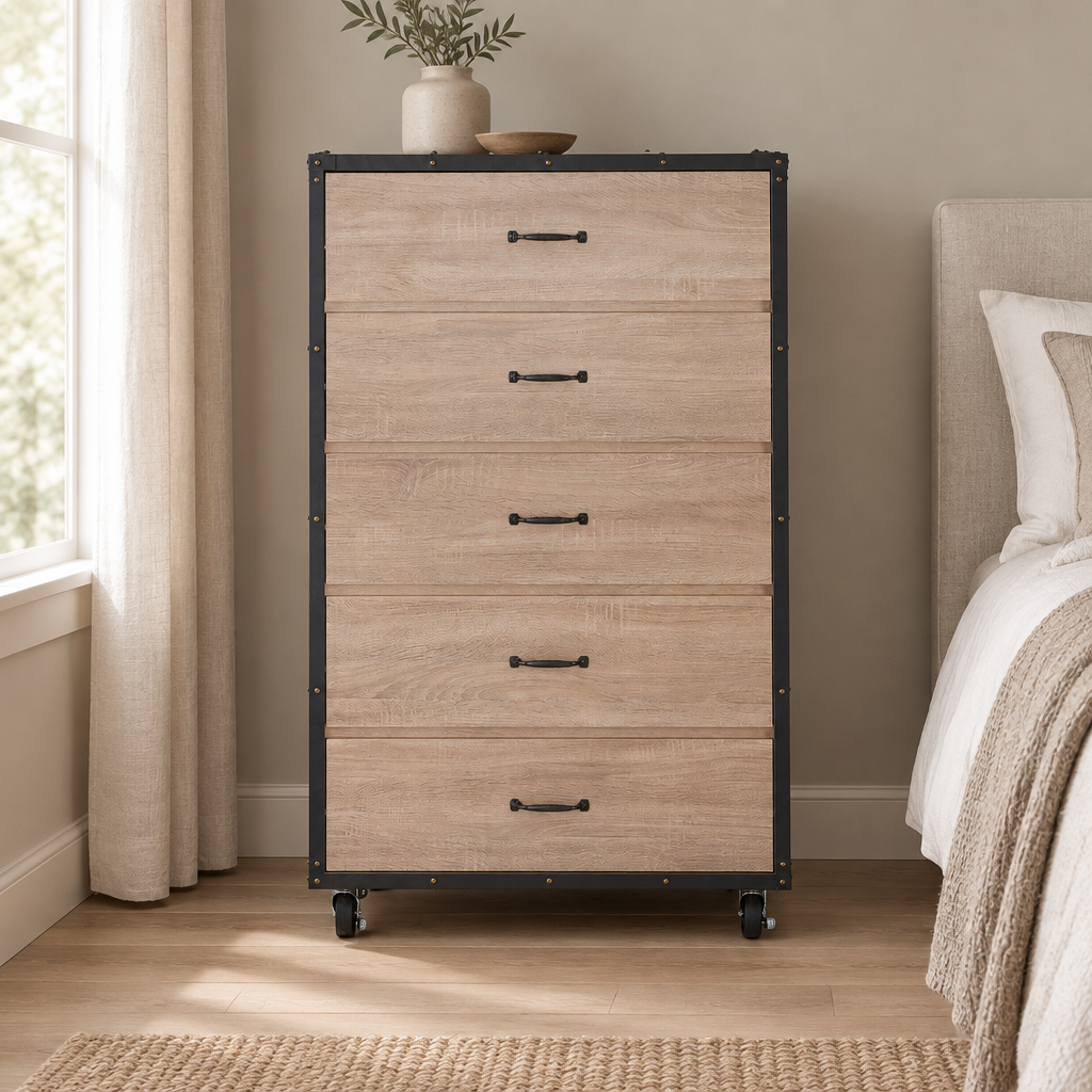 5-Drawer Chest with Caster Wheels – Weathered Light Oak — styled bedroom, front view