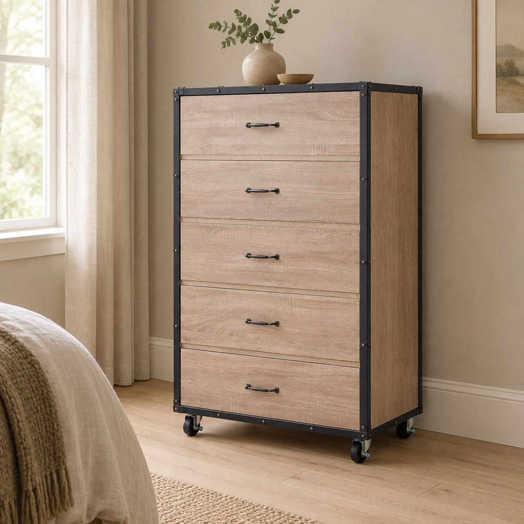 5-Drawer Chest with Caster Wheels – Weathered Light Oak — styled bedroom, three-quarter right view