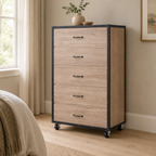 5-Drawer Chest with Caster Wheels – Weathered Light Oak — styled bedroom, three-quarter right view