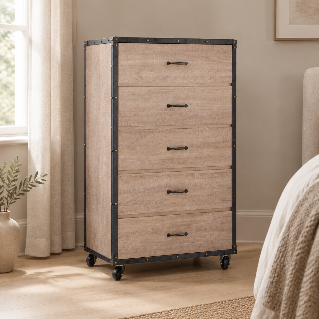 5-Drawer Chest with Caster Wheels – Weathered Light Oak — styled bedroom, three-quarter left view