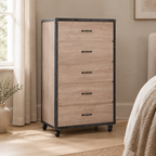 5-Drawer Chest with Caster Wheels – Weathered Light Oak — styled bedroom, three-quarter left view