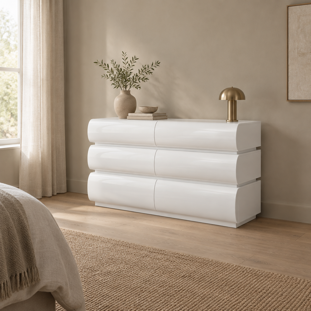 6-Drawer Dresser, Handleless Modern Chest – White — wider bedroom scene